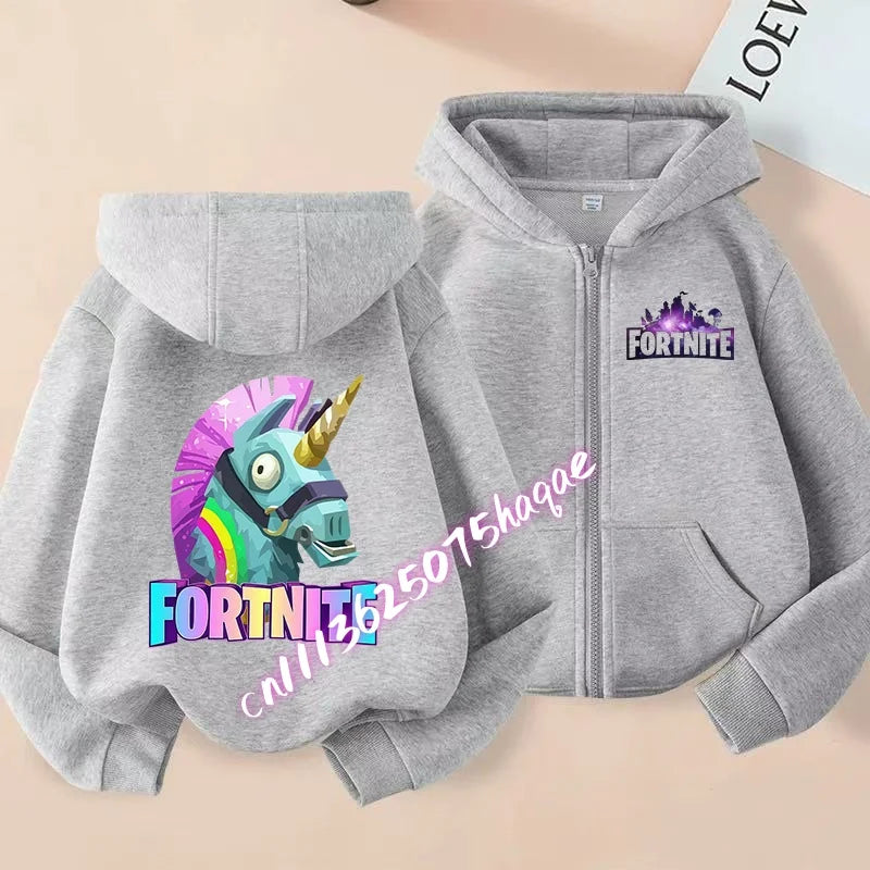 Nieuw Fortnite-kinderhoodiejack met cartoon-gamepersonageprint en rits, herfst- en winterjas voor kinderen, jongenskleding