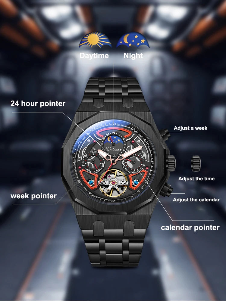 Top Brand Sport Watches with Tourbillon Stainless Steel Rubber Strap Multifunction Dial Automatic Watches Reloj Hombre New