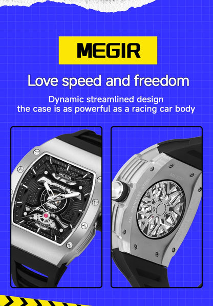 MEGIR Men's Automatic Mechanical Watch with Stainless Steel Case Silicone Strap Fashion Waterproof Luminous Wristwatch 8604