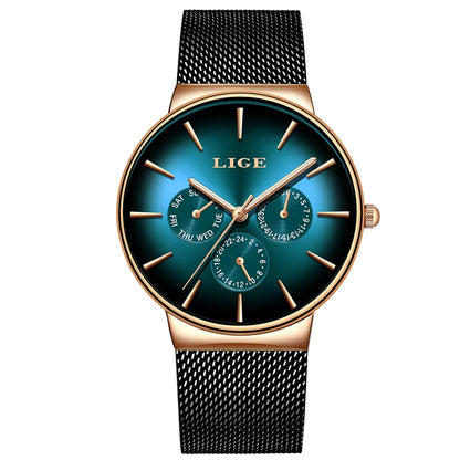 LIGE women’s watch, elegant and on-trend – sporty-casual style, mesh strap, quartz movement, date and day display, water-resistant.