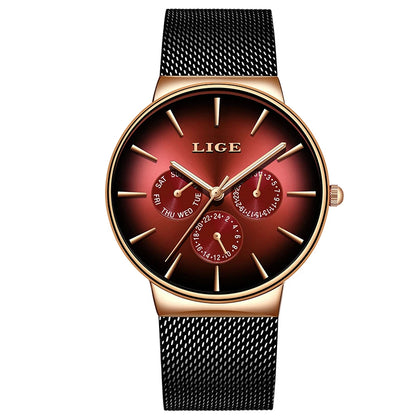 LIGE women’s watch, elegant and on-trend – sporty-casual style, mesh strap, quartz movement, date and day display, water-resistant.