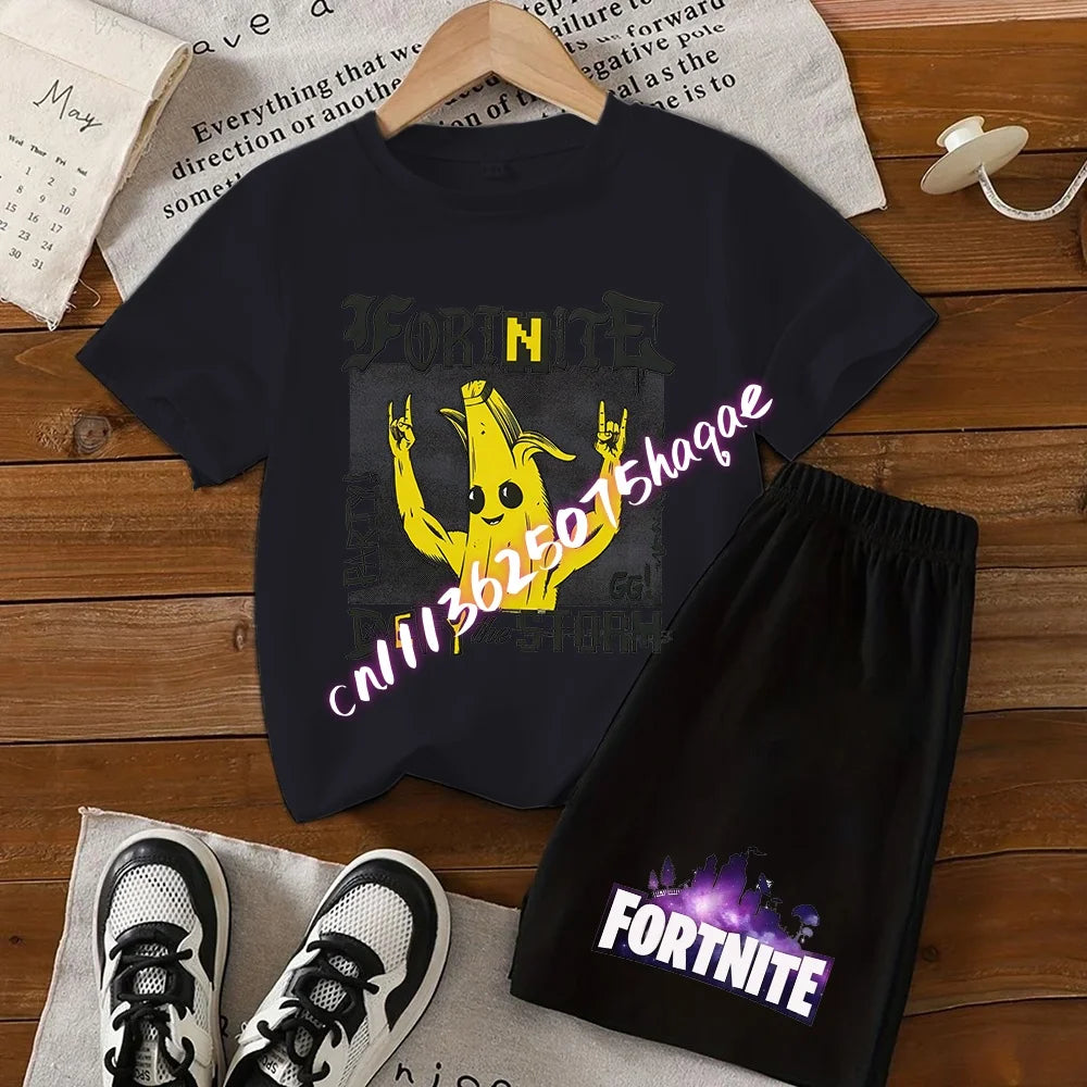 Fortnite Series T-shirt Shorts Suit for Children Hot Game Top and Pants Set Summer Cute Home Loungewear Outfit Birthday Gift