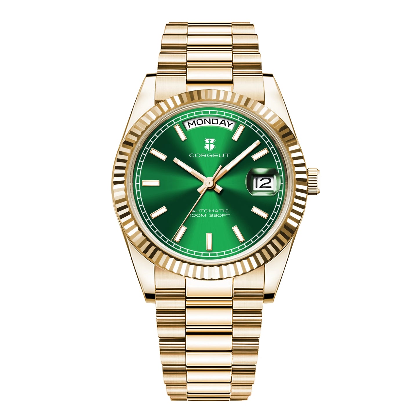 CORGEUT NH36 mechanische Herrenuhr mit Wochentags- und Datumsanzeige, President-Gliederarmband, Stahlgehäuse, geriffelter Arc-Lünette, wasserdicht