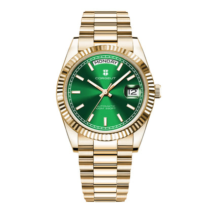 CORGEUT NH36 mechanische Herrenuhr mit Wochentags- und Datumsanzeige, President-Gliederarmband, Stahlgehäuse, geriffelter Arc-Lünette, wasserdicht