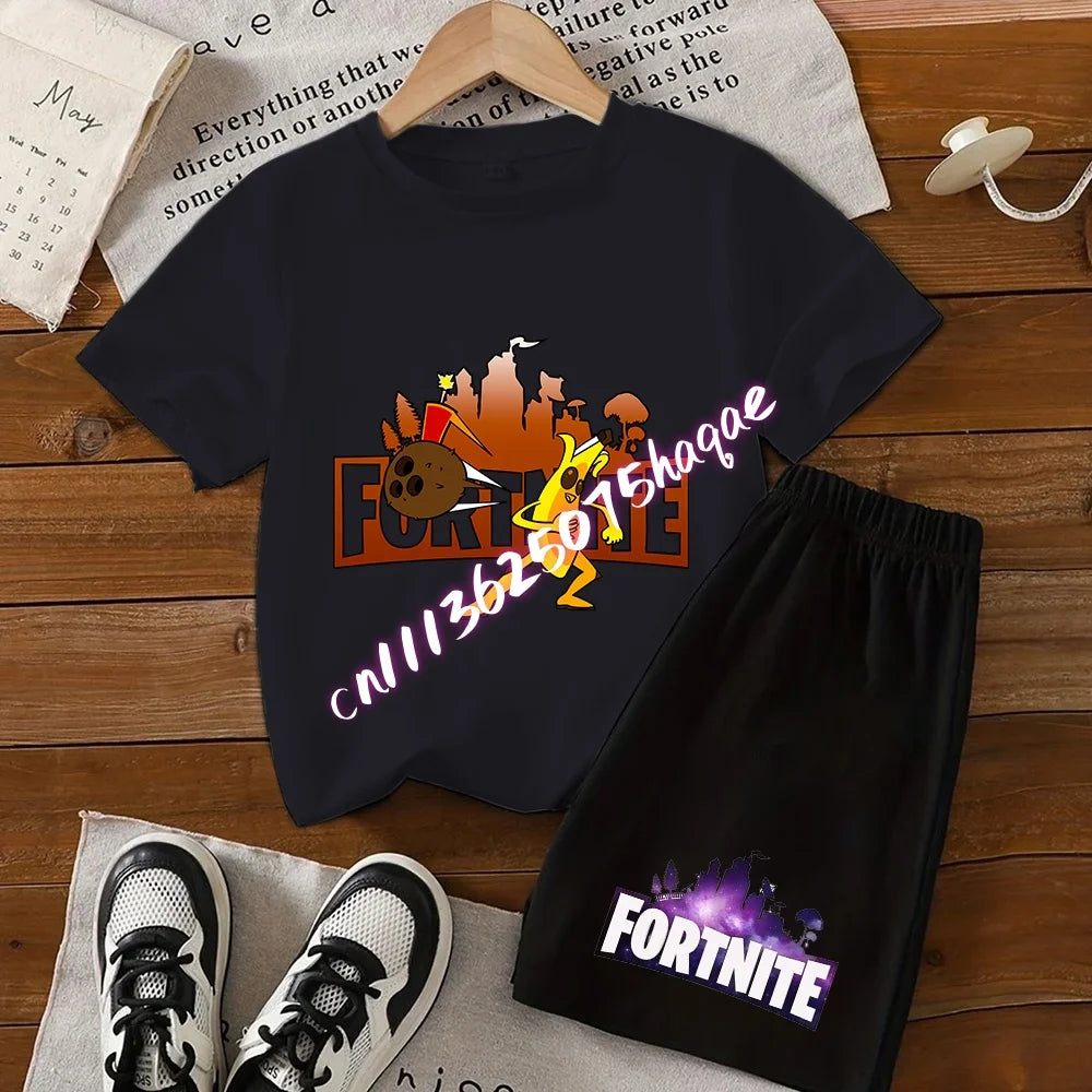 Fortnite Series T-shirt Shorts Suit for Children Hot Game Top and Pants Set Summer Cute Home Loungewear Outfit Birthday Gift