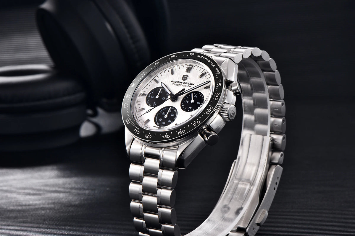 Reloj para hombre PAGANI DESIGN «New Moon» – Reloj de cuarzo de lujo, cronógrafo, cristal de zafiro con tratamiento antirreflectante, bisel de cerámica, agujas luminiscentes