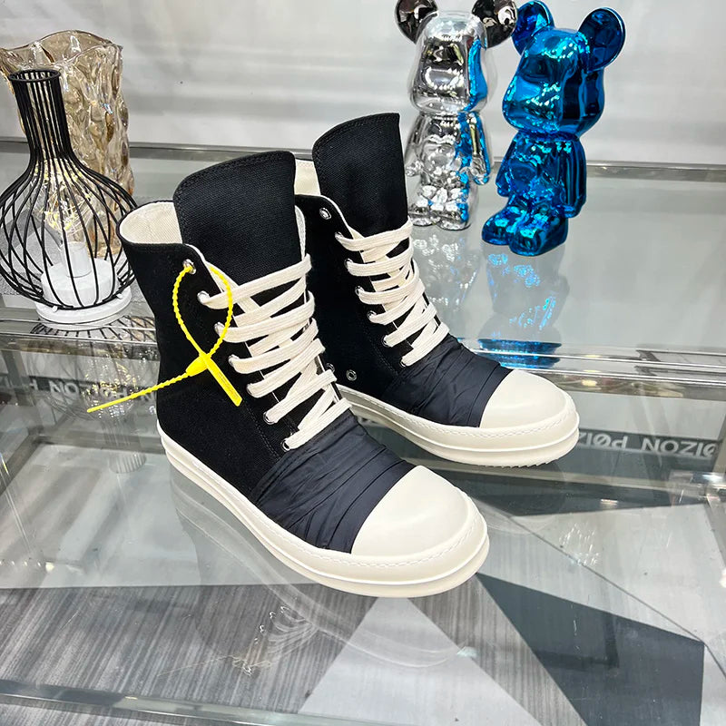 Casual High Top Quality Black Designer Men Leather Shoe Ro Pentagram Thick-sole Zip Flat Canvas Luxury Women Ankle boot Sneakers