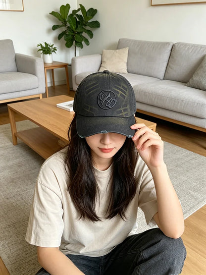 Kpop Embroidered Vintage Washed Baseball Cap Mens Womens Retro Distressed Cotton Dad Hat Streetwear Adjustable Snapback