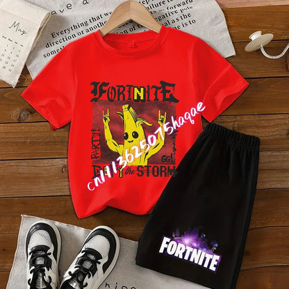 Fortnite Series T-shirt Shorts Suit for Children Hot Game Top and Pants Set Summer Cute Home Loungewear Outfit Birthday Gift