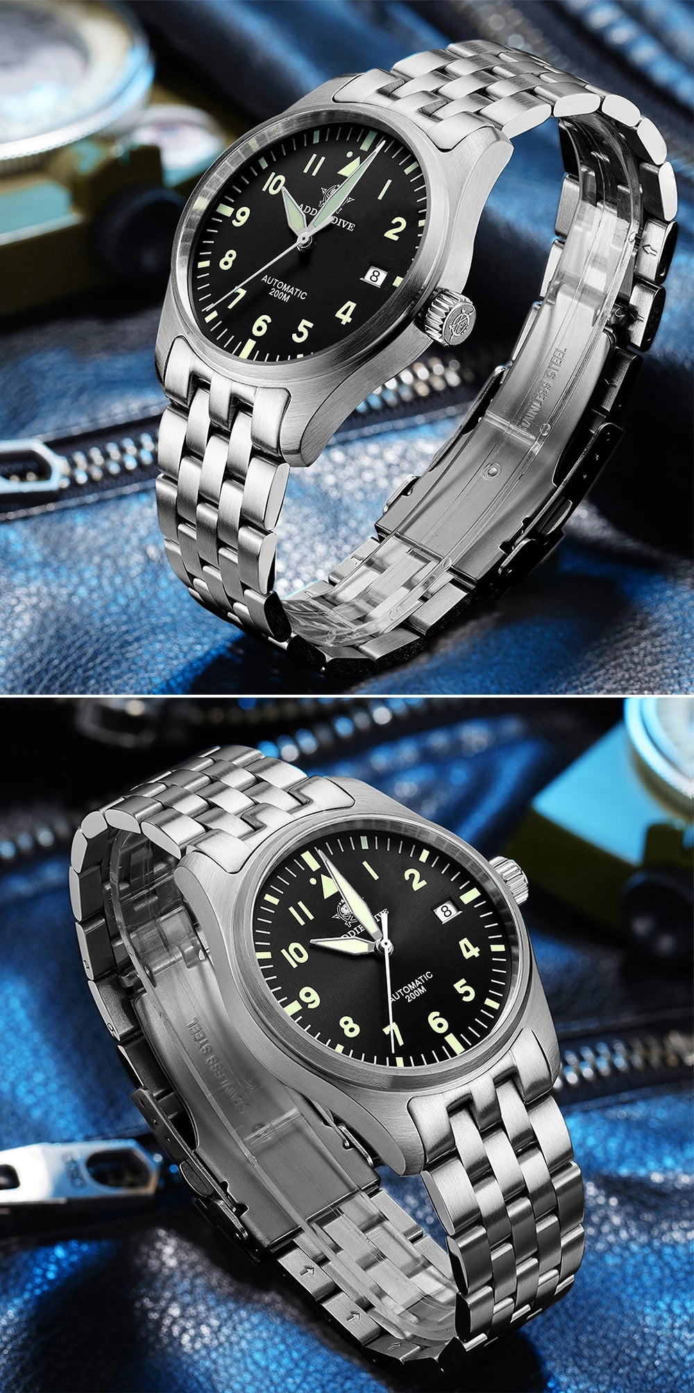 ADDIESDIVE Classic Men's Automatic Mechanical Watch 200m Water Resistant C3 Luminous 316L Stainless Steel Vintage Watch AD2519
