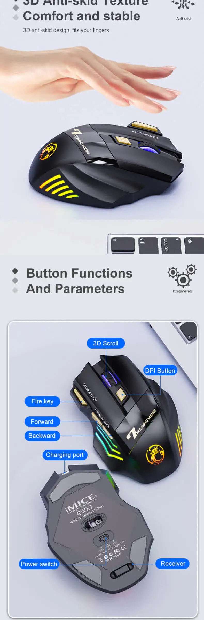 Langaton Bluetooth-hiiri, ladattava tietokonehiiri, ergonominen pelihiiri pelaajille, RGB-taustavalaistu hiljainen hiiri PC:lle