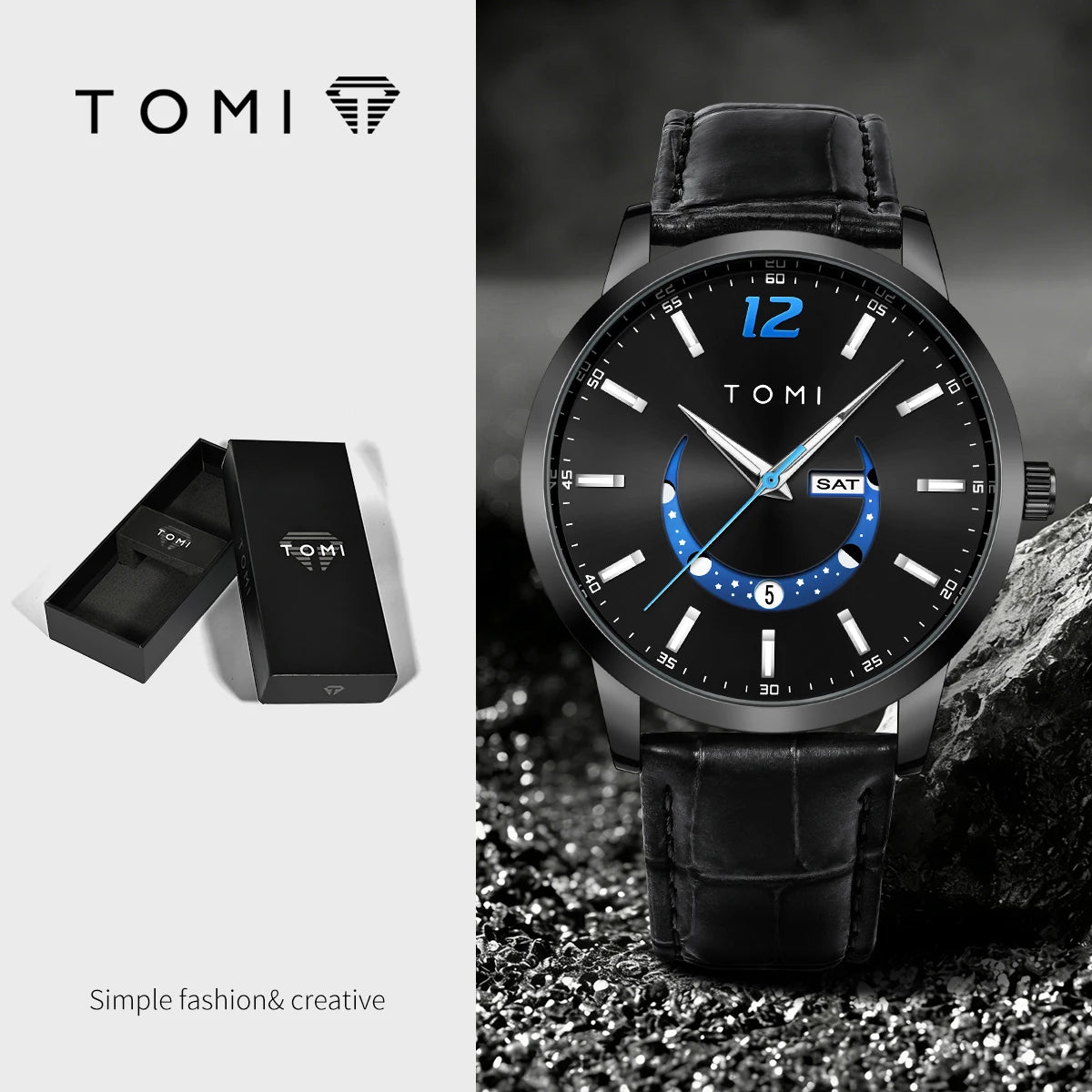 Reloj de cuarzo TOMI, de estilo elegante y profesional, con correa de piel, caja de aleación y esfera con agujas: diseño de alta gama, ideal como regalo para hombre.