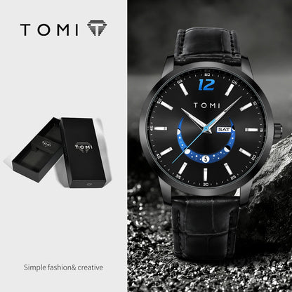 Reloj de cuarzo TOMI, de estilo elegante y profesional, con correa de piel, caja de aleación y esfera con agujas: diseño de alta gama, ideal como regalo para hombre.