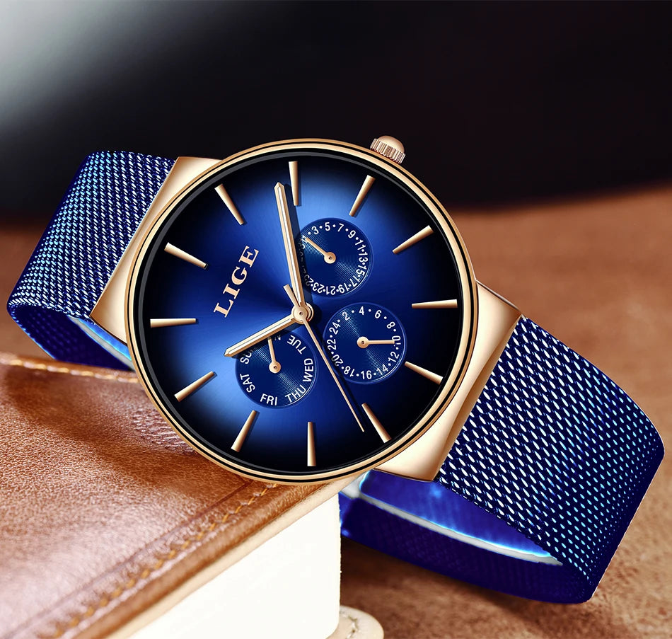 LIGE women’s watch, elegant and on-trend – sporty-casual style, mesh strap, quartz movement, date and day display, water-resistant.
