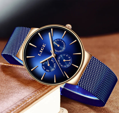 LIGE women’s watch, elegant and on-trend – sporty-casual style, mesh strap, quartz movement, date and day display, water-resistant.