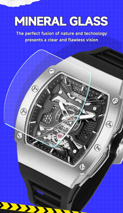 MEGIR Men's Automatic Mechanical Watch with Stainless Steel Case Silicone Strap Fashion Waterproof Luminous Wristwatch 8604