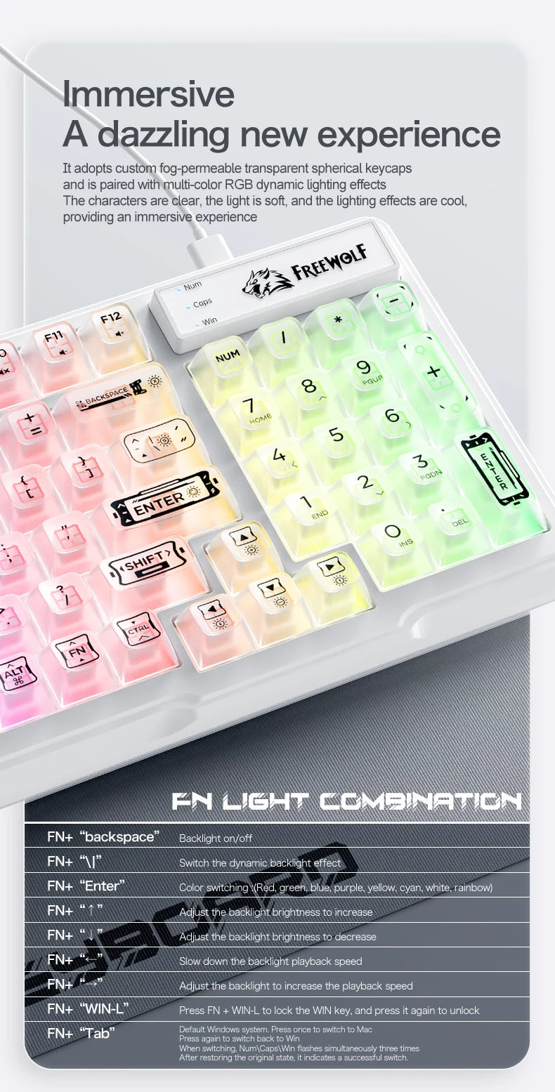 FREEWOLF M95 Wired Keyboard Features an RGB Transparent Design, Catering to Various Scenarios such as Gaming and Office Work