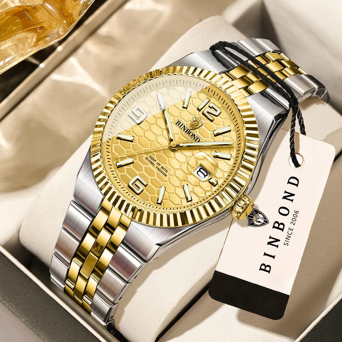 Montre-bracelet à quartz de luxe BINBOND, lumineuse, étanche, date automatique, pour homme, en acier, style business, sport, mode et décontracté.
