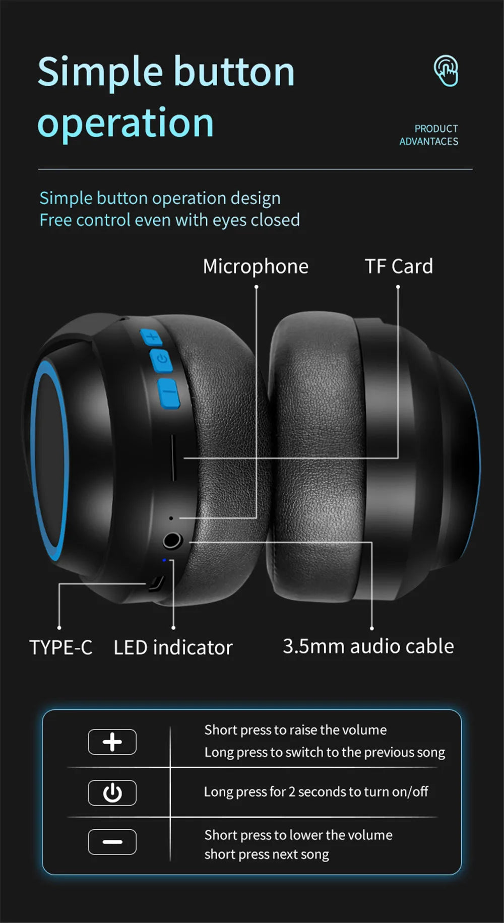 20 H Play Bluetooth Headphones with Large Earmuffs Wireless Earphones with Bass Noise Cancelling and Mic TF-card Support Helmet