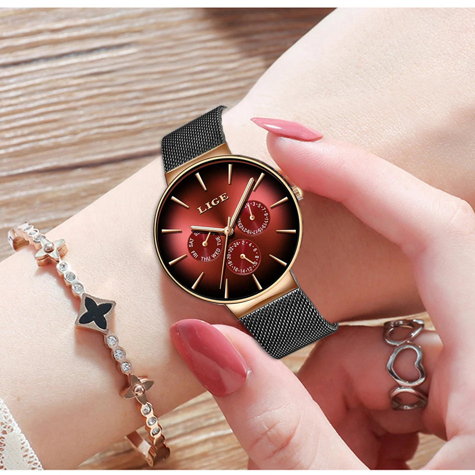 LIGE women’s watch, elegant and on-trend – sporty-casual style, mesh strap, quartz movement, date and day display, water-resistant.