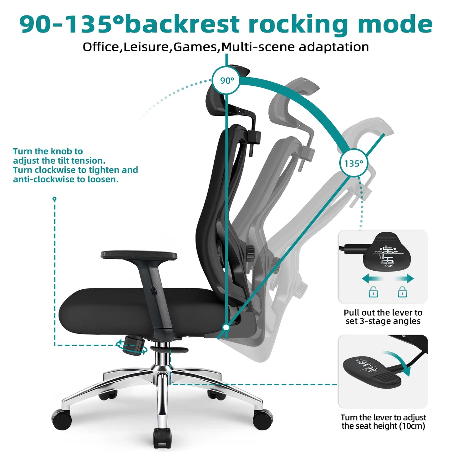 Daccormax Ergonomic Office Chair with 3D Lumbar Support, Mesh Desk Chair, Adjustable Headrest, Reclining Swivel Computer Chair for Home Office