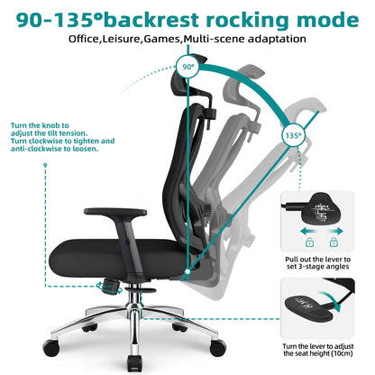 Daccormax Ergonomic Office Chair with 3D Lumbar Support, Mesh Desk Chair, Adjustable Headrest, Reclining Swivel Computer Chair for Home Office