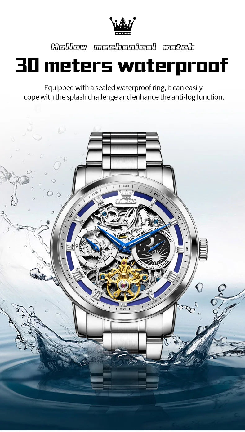OLEVS 6670 Mens Watch Luxury Brand Skeleton Mechanical Watch Moon Phase Stainless Steel Watches For Man Gifts Box High Quality