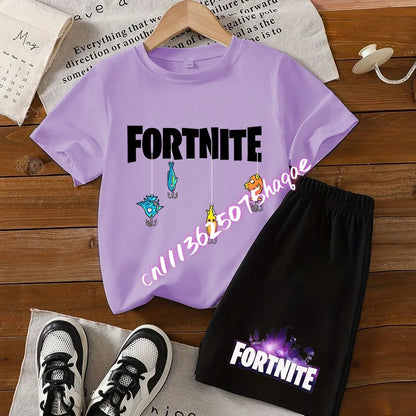 Summer Fortnite T-shirt Shorts for Boys and Girls Tee Pants Set 2pcs Children Clothing Tops T-shirts Fortress Night Print Tees Gift