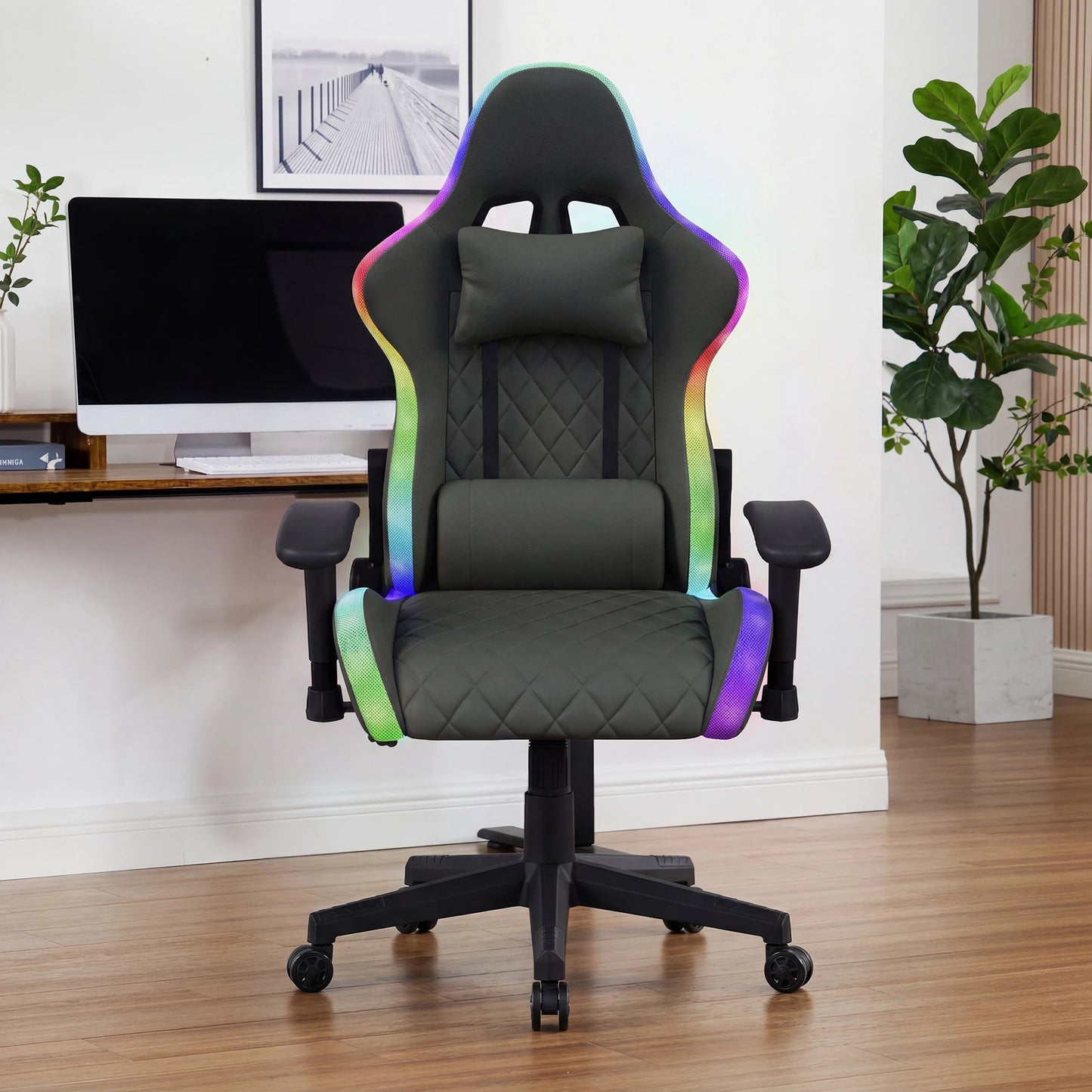 Ergonomic Office Chair with Lumbar Massage, RGB LED Lighting, Reclining Backrest, Adjustable Armrests Gaming Desk Chair for Home Office