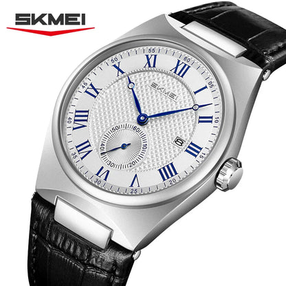 SKMEI 9390 Elegant Men's Quartz Watch Roman Scale Calendar Waterproof Leather Strap Casual Business Watches for Man Reloj Hombre