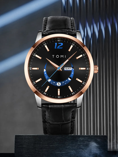Reloj de cuarzo TOMI, de estilo elegante y profesional, con correa de piel, caja de aleación y esfera con agujas: diseño de alta gama, ideal como regalo para hombre.