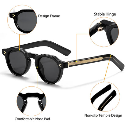 CATERSIDE Retro Round Men's Sunglasses High-Quality Thick Style Women's Outdoor Travel Business Driving Decorative Glasses UV400