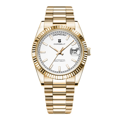 CORGEUT NH36 mechanische Herrenuhr mit Wochentags- und Datumsanzeige, President-Gliederarmband, Stahlgehäuse, geriffelter Arc-Lünette, wasserdicht