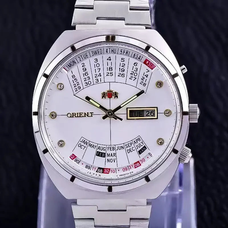 ORIENT Double Lion Men's Auto Mechanical Watch Perpetual Calendar Multi-Function Stainless Steel Band Luminous Japan Movt