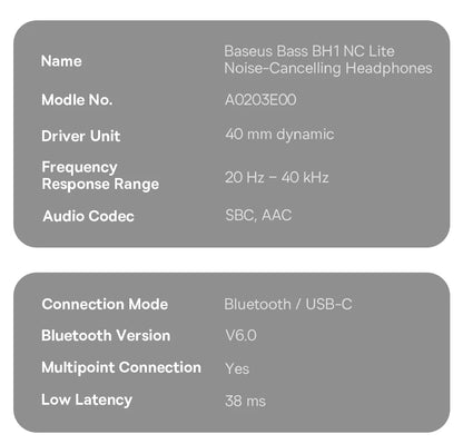 Baseus Bass EH10 NC Wireless Headphones Bluetooth 6.0 Noise Canceling 45dB Over Ear HeadsetSpatial Audio Earphone 80H Time