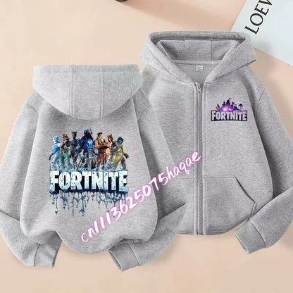 Nieuw Fortnite-kinderhoodiejack met cartoon-gamepersonageprint en rits, herfst- en winterjas voor kinderen, jongenskleding