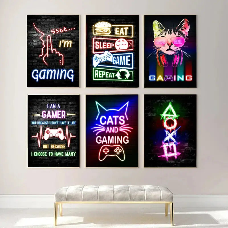 Nordic Cat and Gaming Controller Quotes Poster Modern Canvas Painting for Wall Art Mural Gamer Boys Girls Room Decor (not Neon)