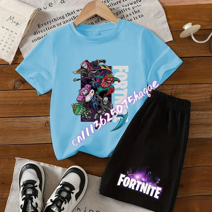 Summer Fortnite T-shirt Shorts for Boys and Girls Tee Pants Set 2pcs Children Clothing Tops T-shirts Fortress Night Print Tees Gift