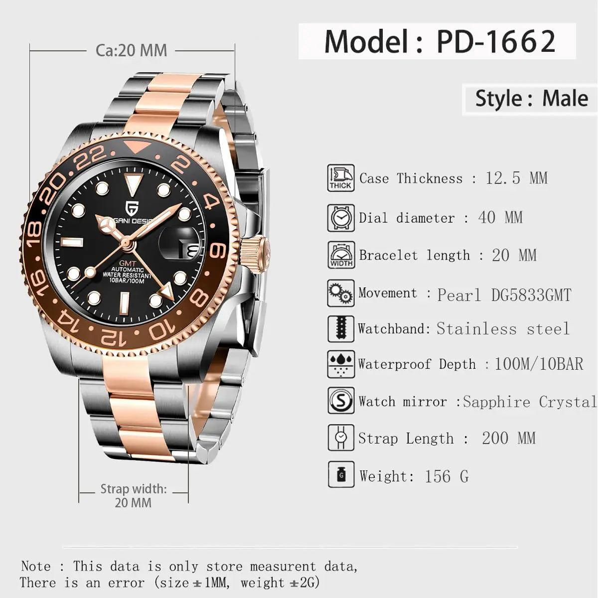 New 1662 PAGANI DESIGN GMT Automatic Watch 40mm Men's Wristwatch Top Brand 100M Waterproof Mechanical Wristwatches for Men Cloc