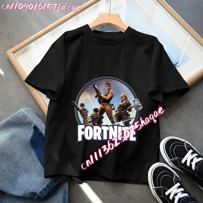 Fortnites Kids Black Cotton T-Shirt Fortress Night Baby Short Sleeve Tees Shirt Cartoon Boy Girl Summer Clothes Kawaii Tops Gift