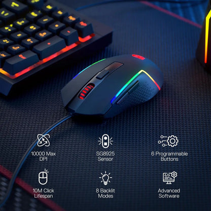 Redragon M616 RGB Gaming Mouse, Wired Optical Gaming Mouse with 10000 DPI, 6 Programmable Buttons, 8 RGB Backlit Modes, Ergonomic Gaming Mouse