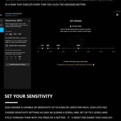 Logitech G203 LIGHTSYNC-mus trådbunden 8000 DPI-sensor RGB Sync 6 knappar mekanisk spänning för kontor och gaming