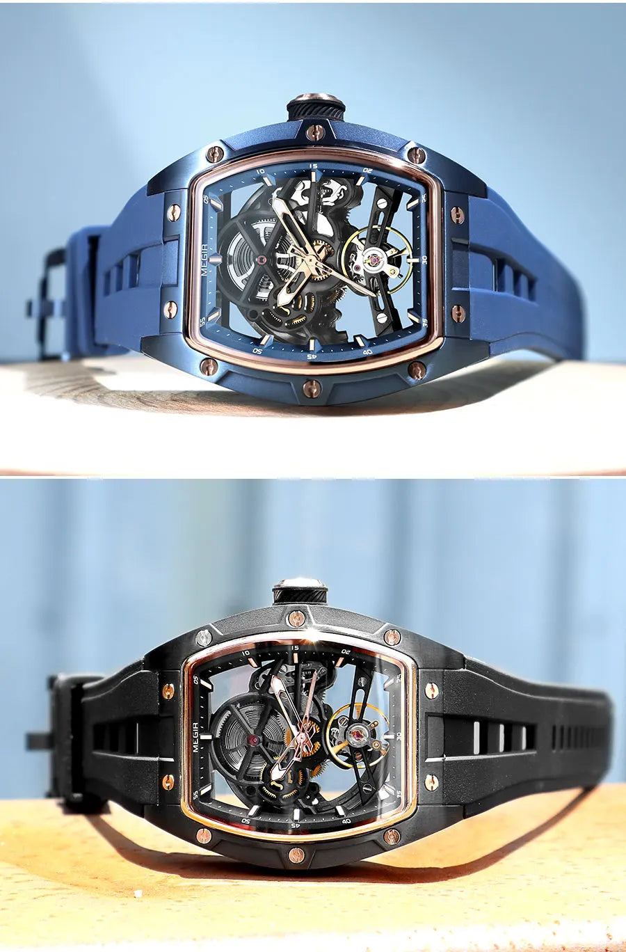 MEGIR 2242 Blue Automatic Watch for Men Sport Waterproof Stainless Steel Mechanical Wristwatch with Silicone Strap Skeleton Dial