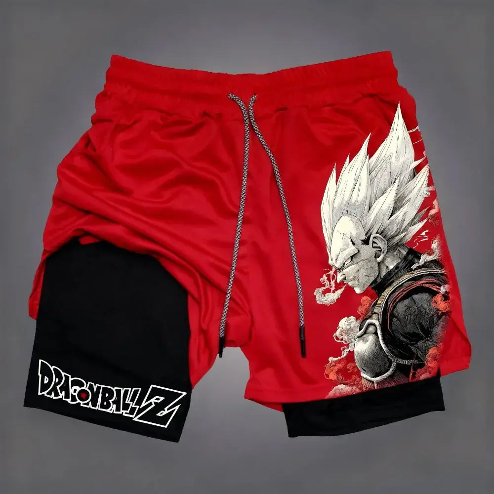 Dragon Ball Men's Double-layer Shorts Son Goku Summer Japanese Anime Fake Two-piece Sports Fitness Quick-drying Shorts, produit gaming premium Fraquane