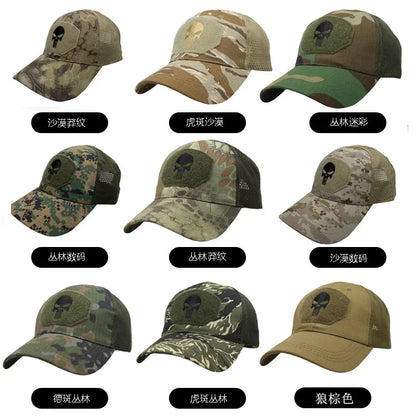 Baseballkappe im Camouflage-Look, aus atmungsaktivem Netzgewebe, taktische Camo-Kappe der Special Forces, mit Totenkopf- und Enten-Schirm