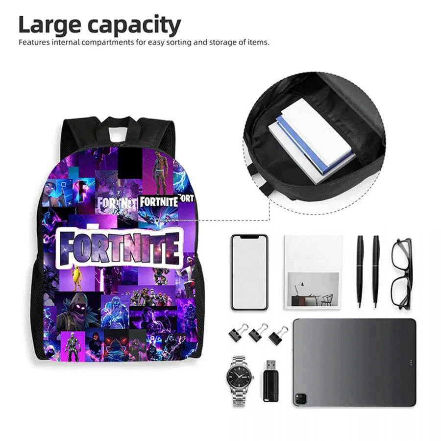 Fortnite Cartoon 3-teiliges Rucksack-Set für Jungen und Mädchen, unisex, mit Schulranzen, Lunch Bag und Federmäppchen, geeignet für Kinder von 5-8 Jahren