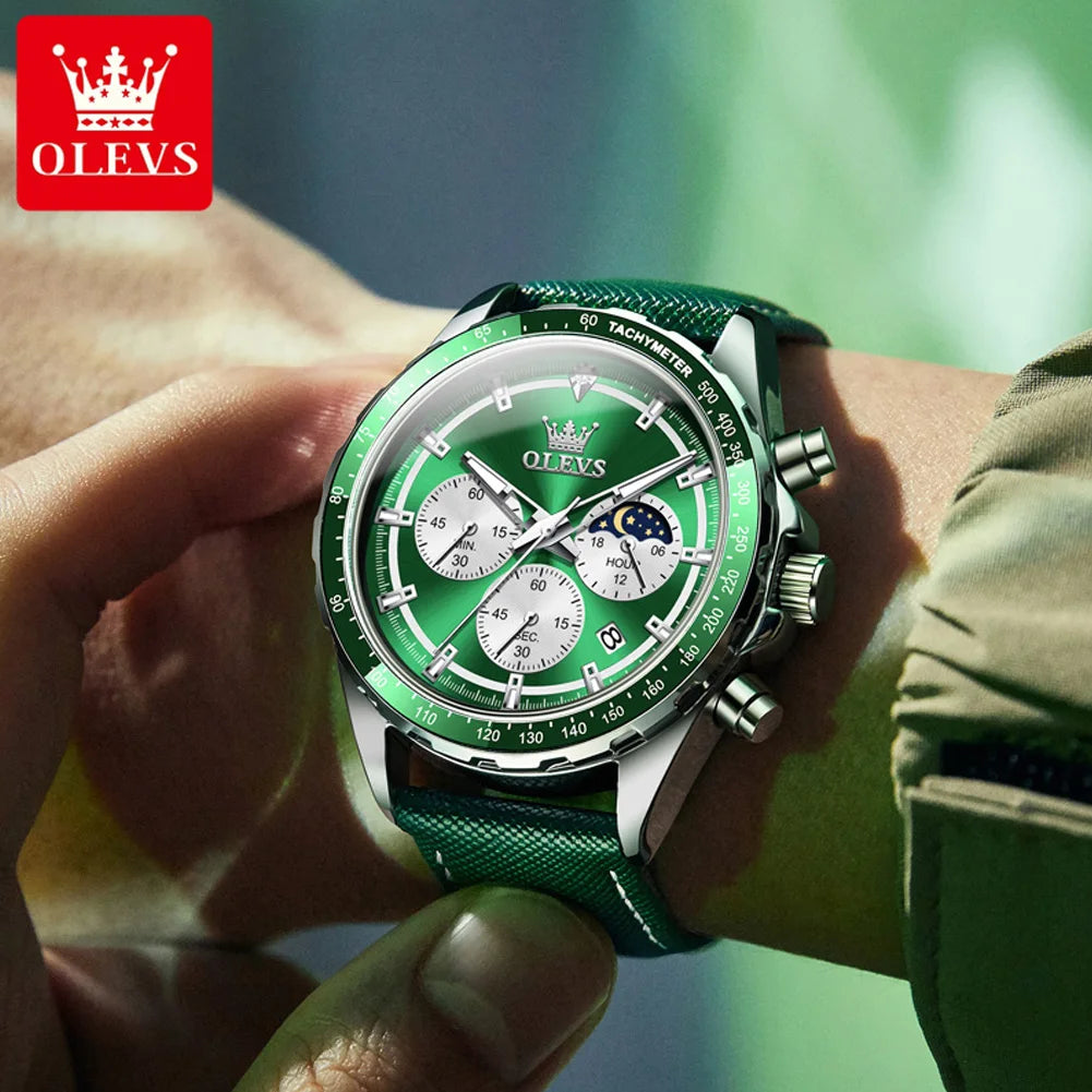 OLEVS Men's Watches Fashion Sports Green Watch For Men Multifunctional Quartz Wristwatches Men Waterproof Leather reloj hombre
