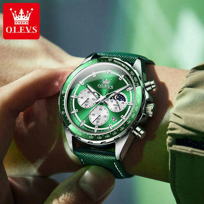 OLEVS Men's Watches Fashion Sports Green Watch For Men Multifunctional Quartz Wristwatches Men Waterproof Leather reloj hombre