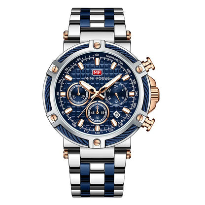 MINI FOCUS Black Stainless Steel Quartz Watch Men Fashion Luminous Dress Wristwatch with Date 24-hour Display Chronograph 0470