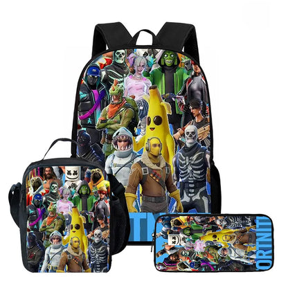 Fortnite Cartoon 3-teiliges Rucksack-Set für Jungen und Mädchen, unisex, mit Schulranzen, Lunch Bag und Federmäppchen, geeignet für Kinder von 5-8 Jahren